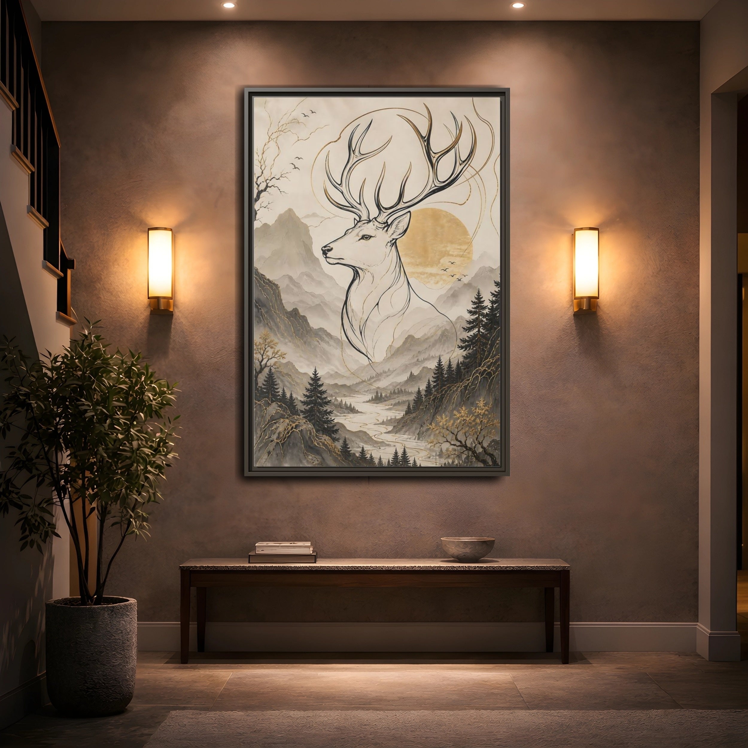 Mockup 2. Animals Stag Golden Stag Mountain shown as stretched canvas wall art