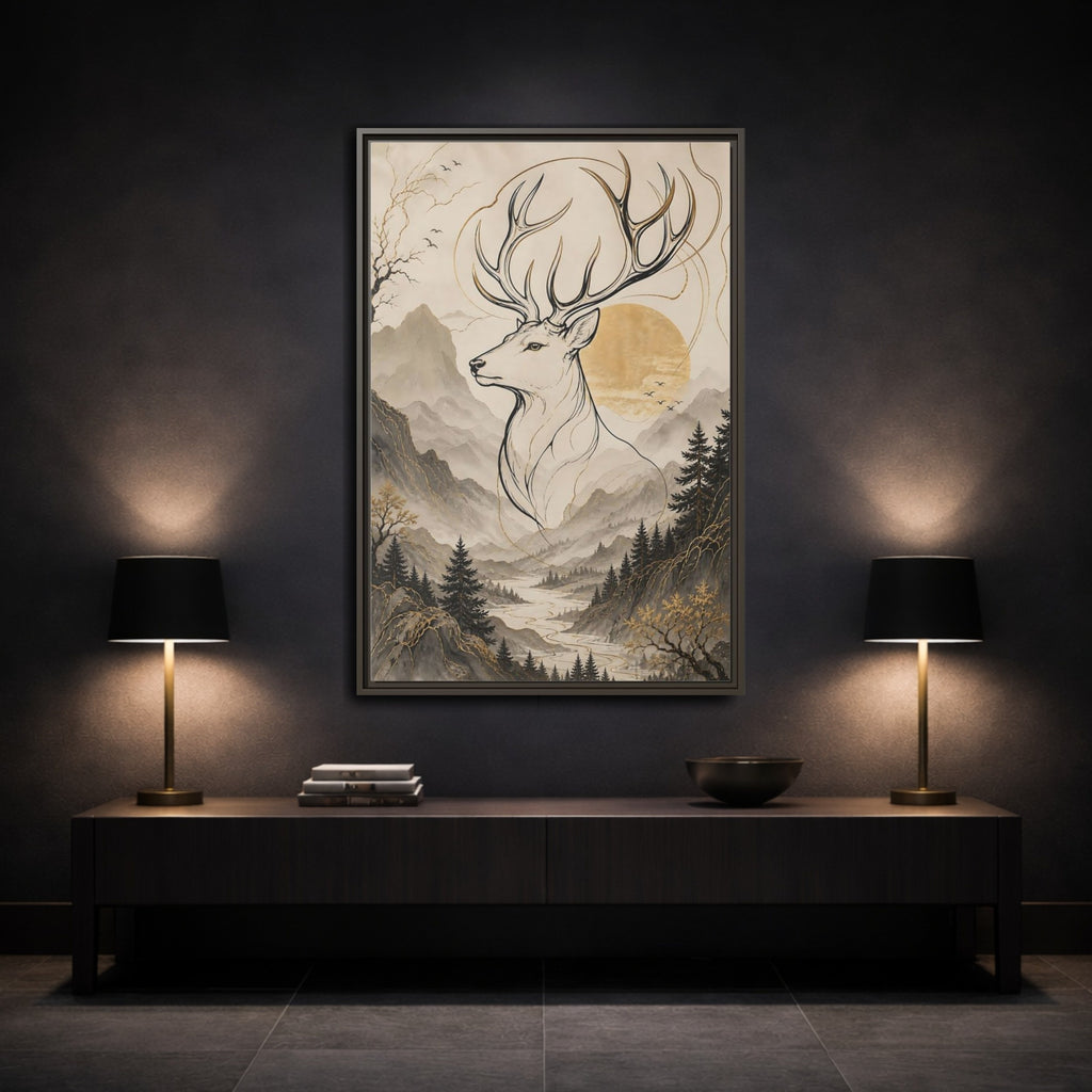 Mockup 3. Animals Stag Golden Stag Mountain shown as stretched canvas wall art