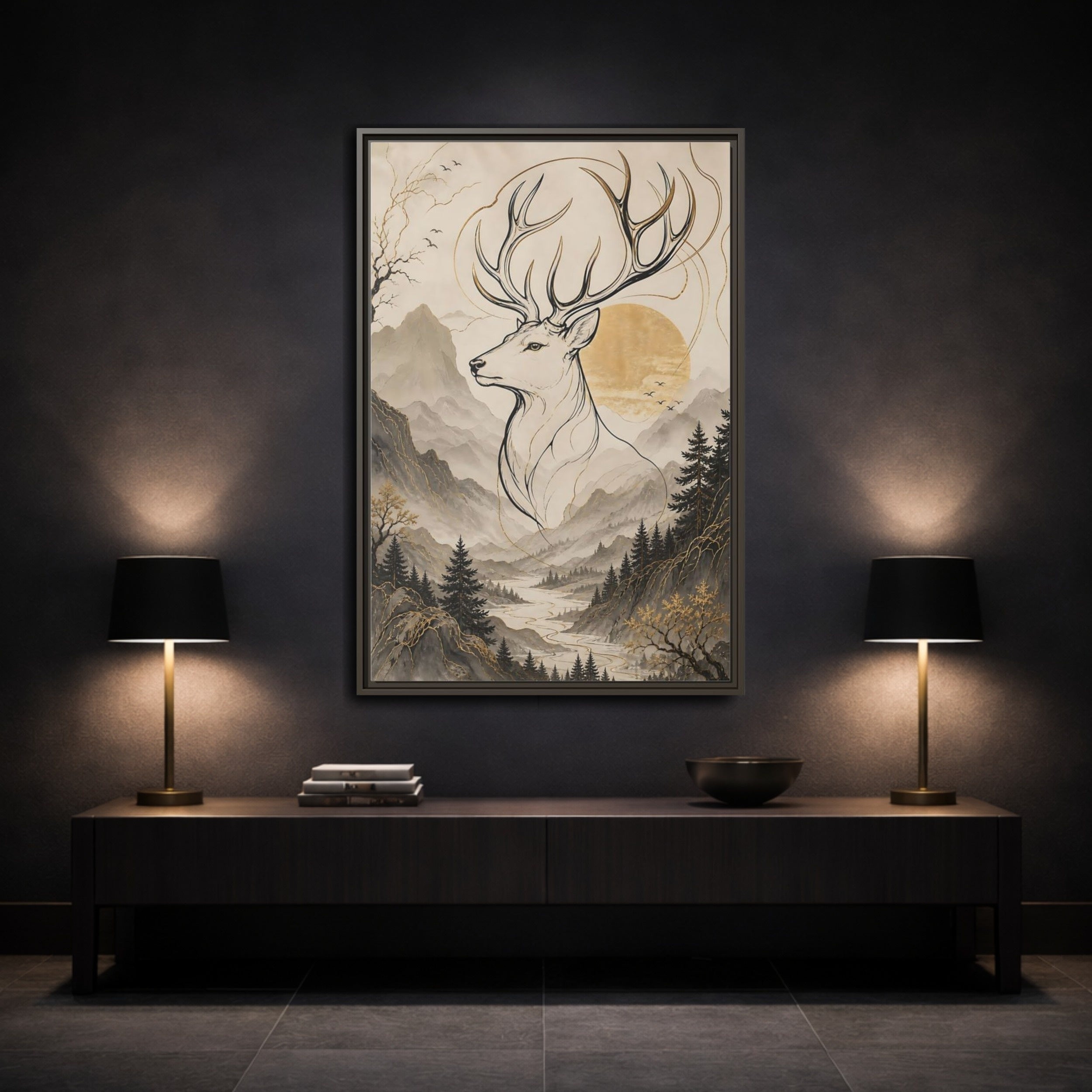 Mockup 3. Animals Stag Golden Stag Mountain shown as stretched canvas wall art