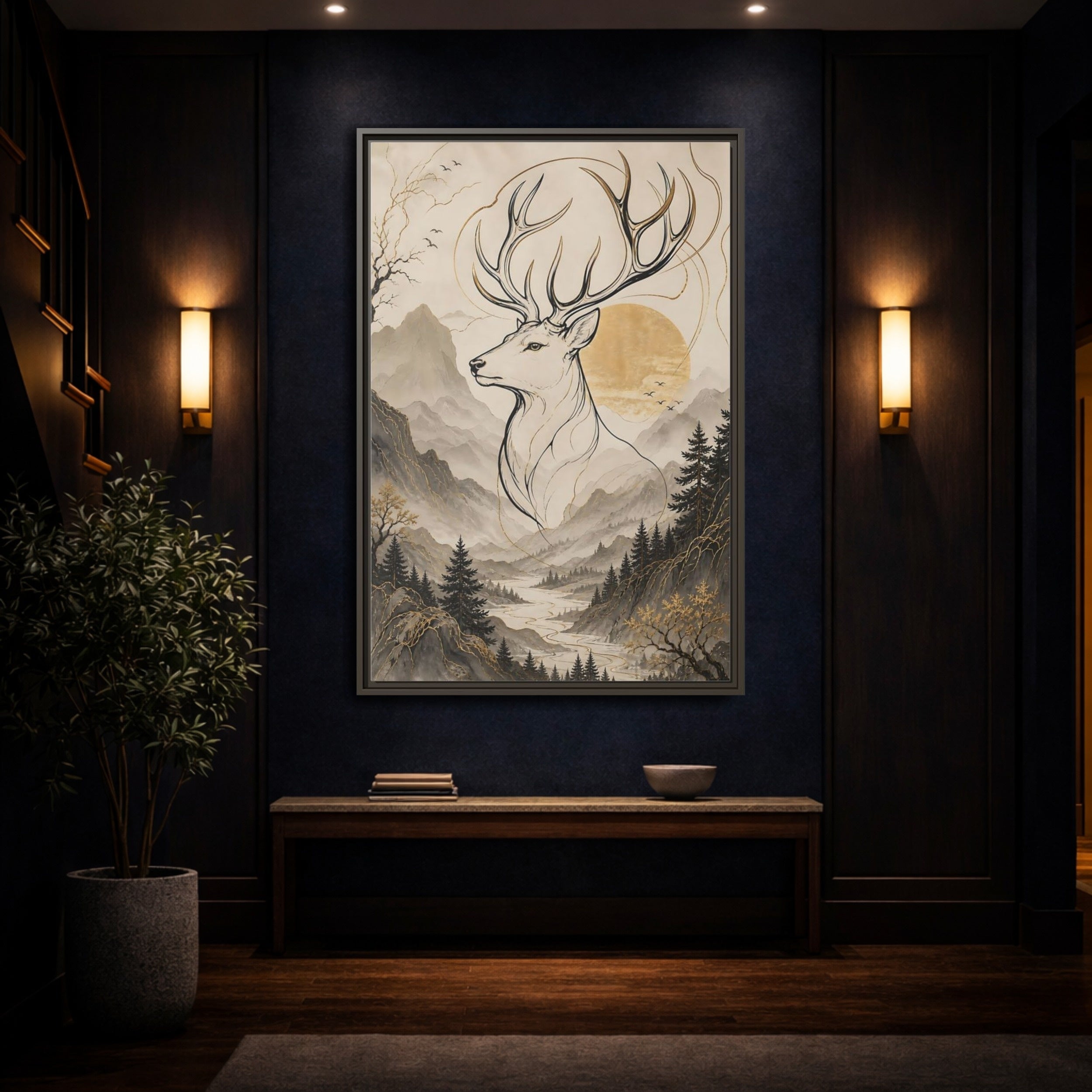 Mockup 4. Animals Stag Golden Stag Mountain shown as stretched canvas wall art