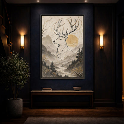 Mockup 4. Animals Stag Golden Stag Mountain shown as stretched canvas wall art