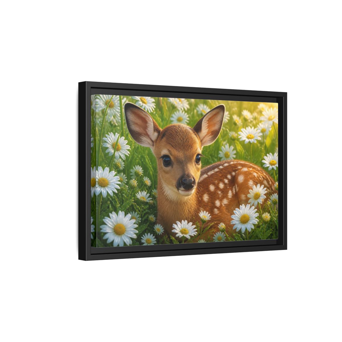 Side Mockup 6. Animals Sunlit Fawn Among Daisies shown as framed canvas print