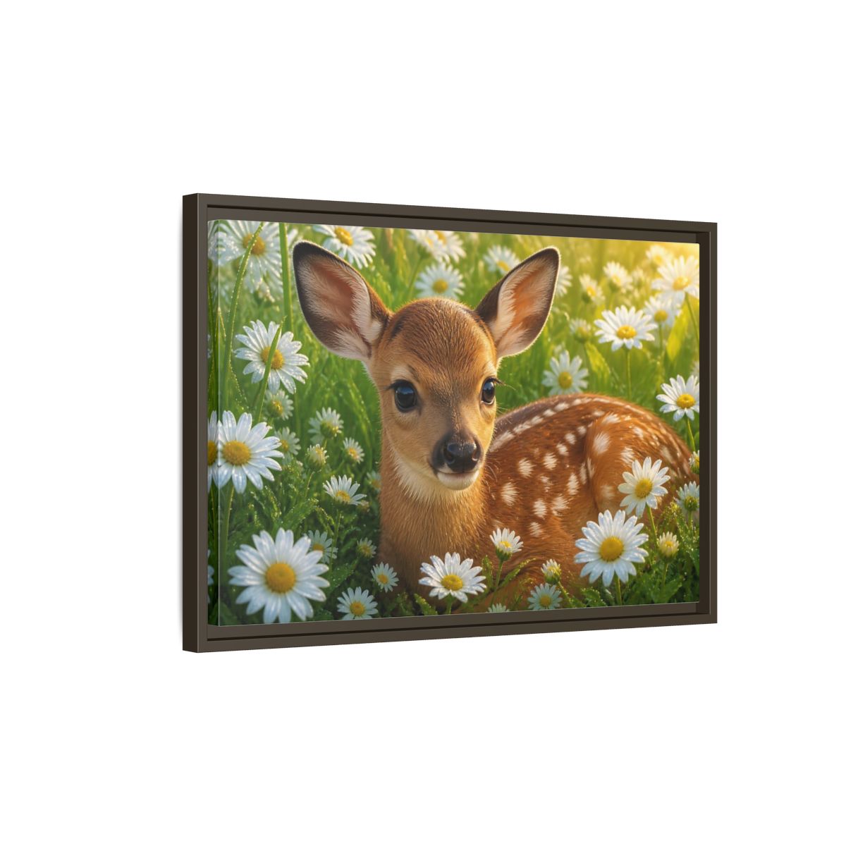 Side Mockup 2. Animals Sunlit Fawn Among Daisies shown as framed canvas print