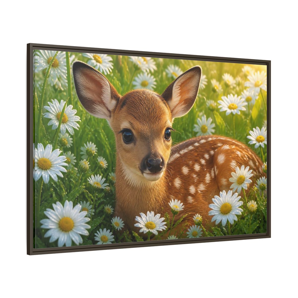 Side Mockup 8. Animals Sunlit Fawn Among Daisies shown as framed canvas print