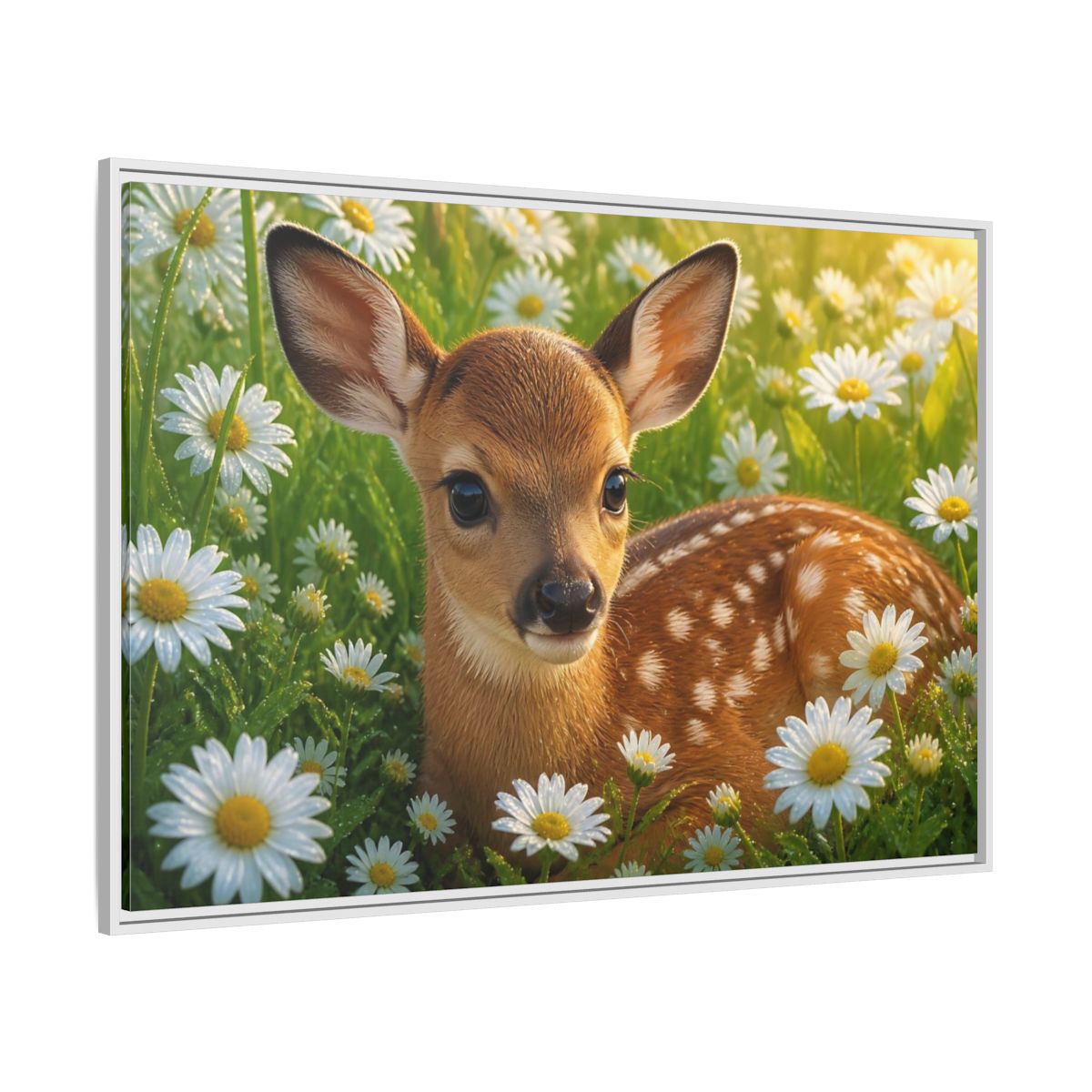 Side Mockup 7. Animals Sunlit Fawn Among Daisies shown as framed canvas print