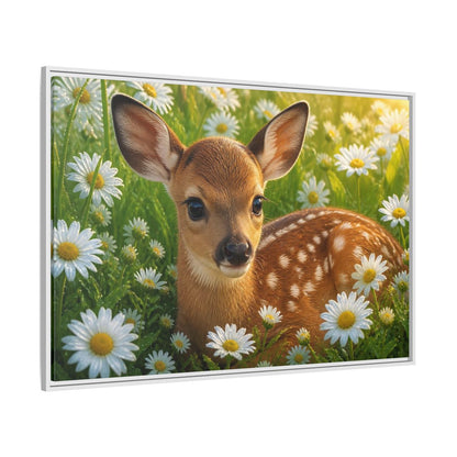 Side Mockup 7. Animals Sunlit Fawn Among Daisies shown as framed canvas print