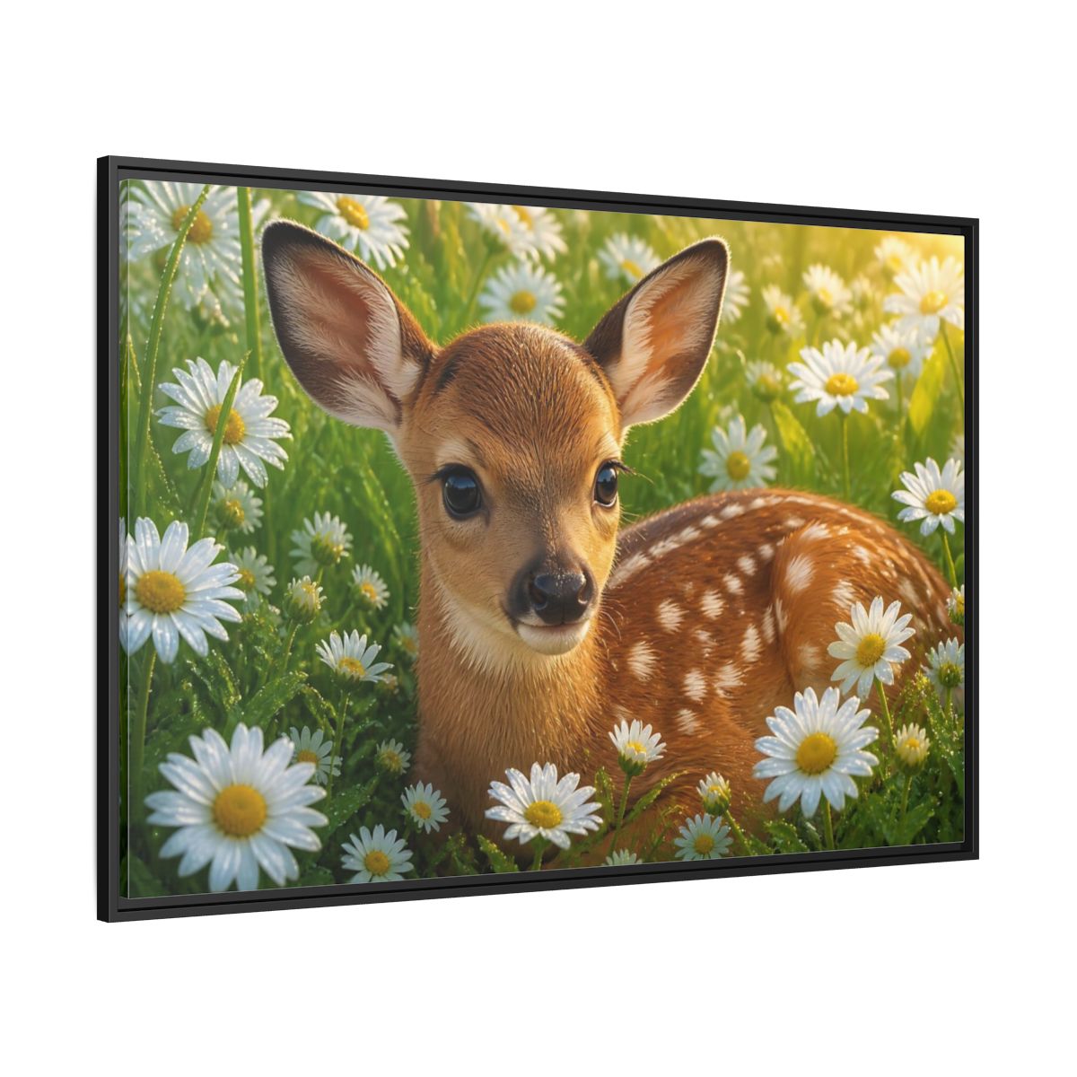 Side Mockup 12. Animals Sunlit Fawn Among Daisies shown as framed canvas print
