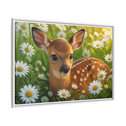 Side Mockup 9. Animals Sunlit Fawn Among Daisies shown as framed canvas print