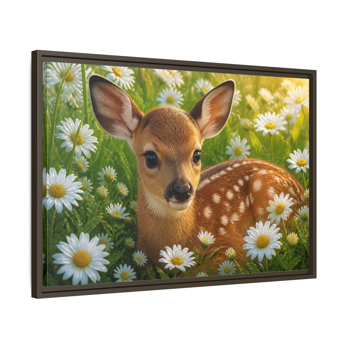 Side Mockup 11. Animals Sunlit Fawn Among Daisies shown as framed canvas print
