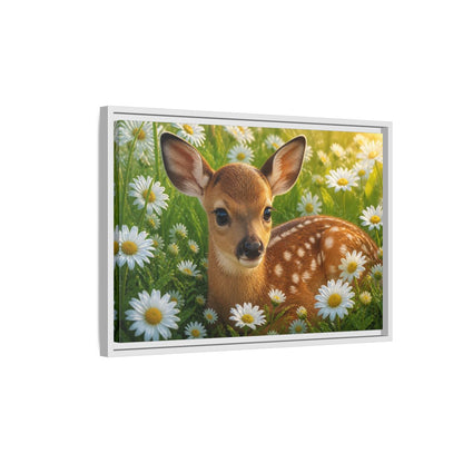 Side Mockup 1. Animals Sunlit Fawn Among Daisies shown as framed canvas print