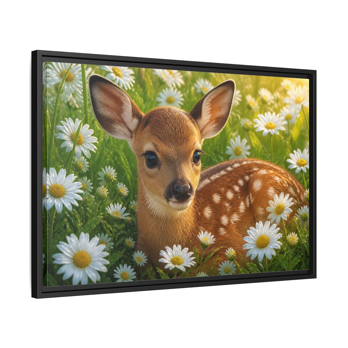 Side Mockup 14. Animals Sunlit Fawn Among Daisies shown as framed canvas print