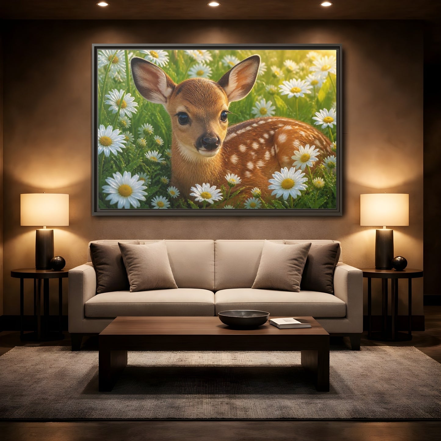 Mockup 2. Animals Sunlit Fawn Among Daisies shown as framed canvas print