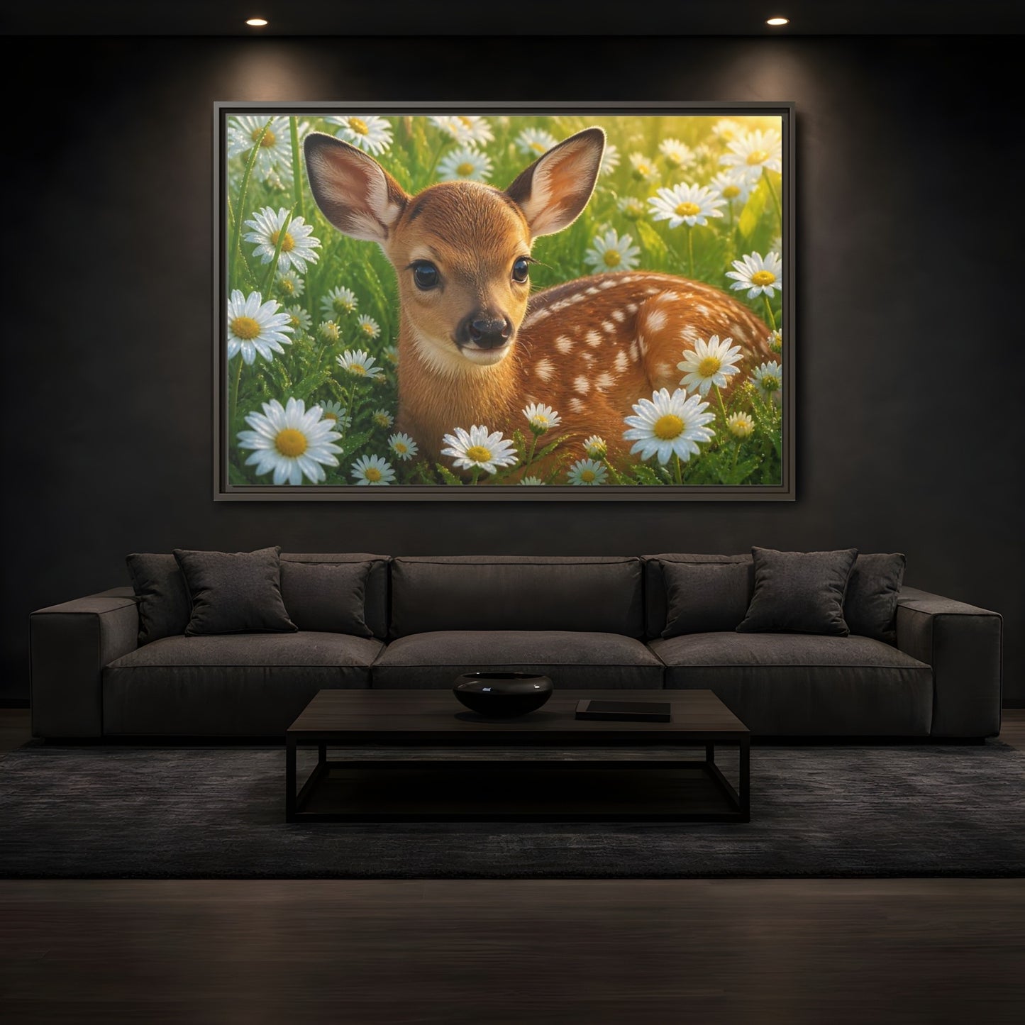 Mockup 3. Animals Sunlit Fawn Among Daisies shown as framed canvas print