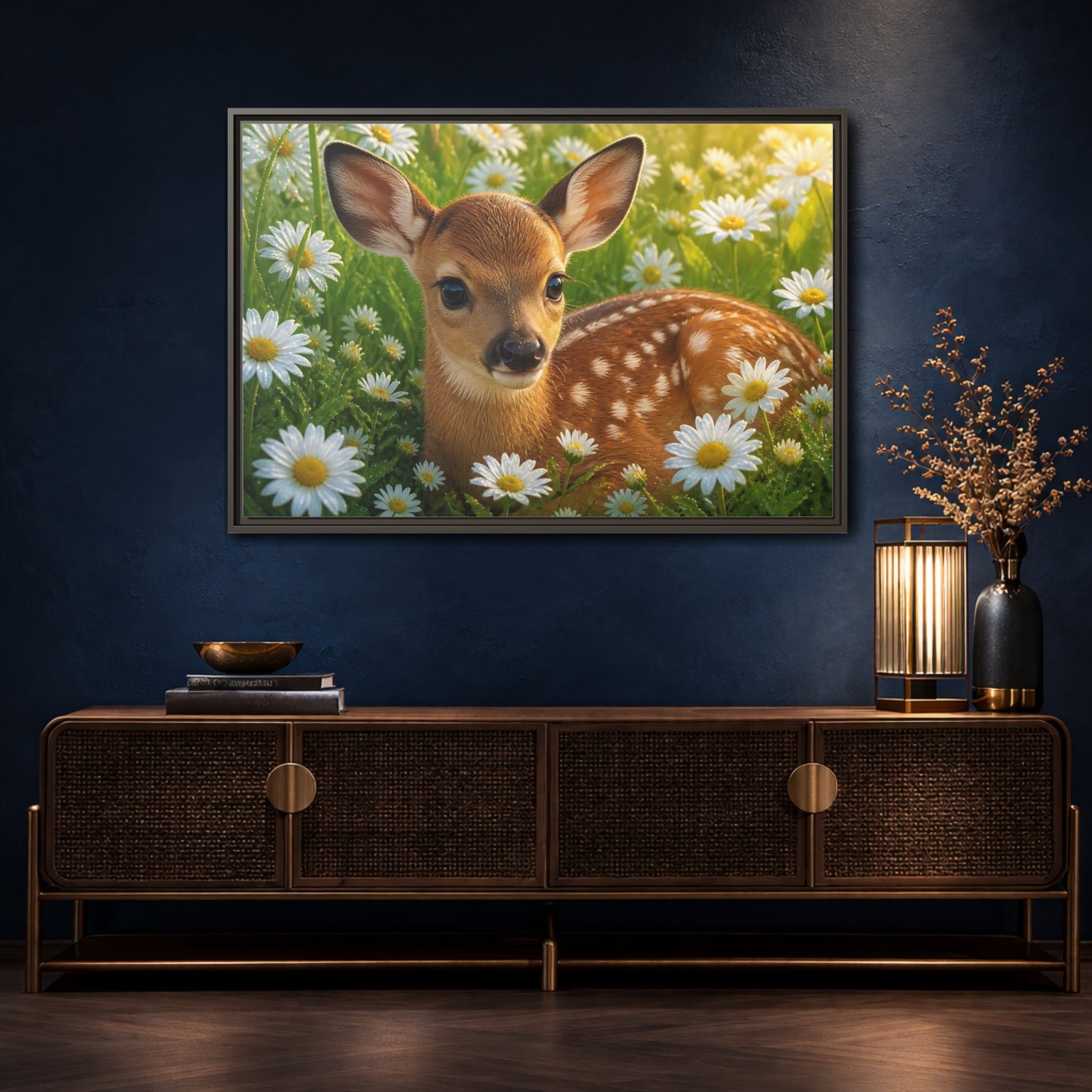 Mockup 4. Animals Sunlit Fawn Among Daisies shown as framed canvas print