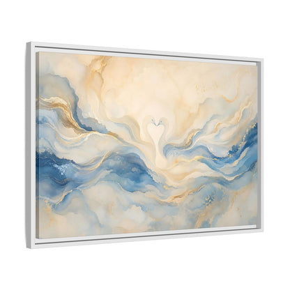 Side Mockup 10. Animals Swans Blue Gold Swans shown as stretched canvas wall art