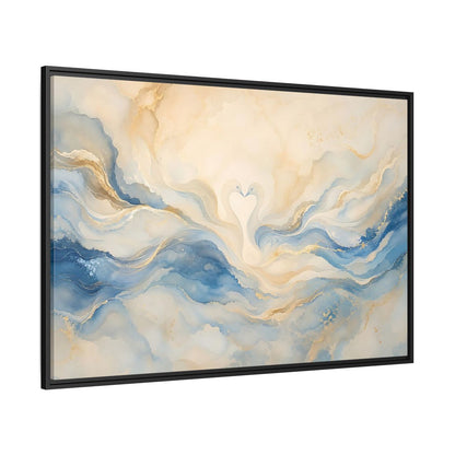 Side Mockup 12. Animals Swans Blue Gold Swans shown as stretched canvas wall art