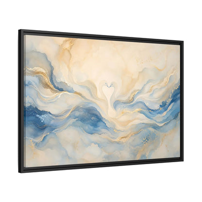 Side Mockup 13. Animals Swans Blue Gold Swans shown as stretched canvas wall art