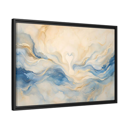 Side Mockup 14. Animals Swans Blue Gold Swans shown as stretched canvas wall art