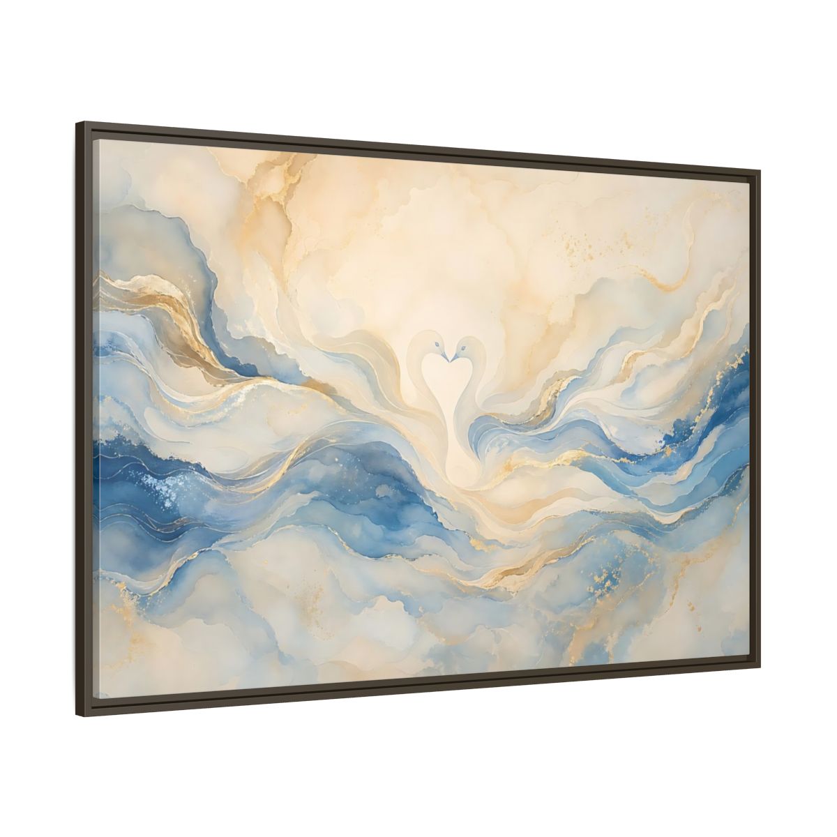 Side Mockup 8. Animals Swans Blue Gold Swans shown as stretched canvas wall art
