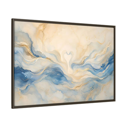 Side Mockup 8. Animals Swans Blue Gold Swans shown as stretched canvas wall art