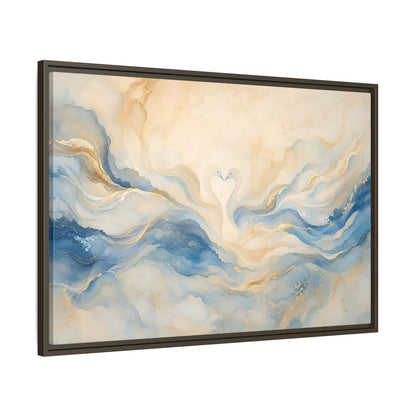 Main Mockup. Animals Swans Blue Gold Swans shown as stretched canvas wall art