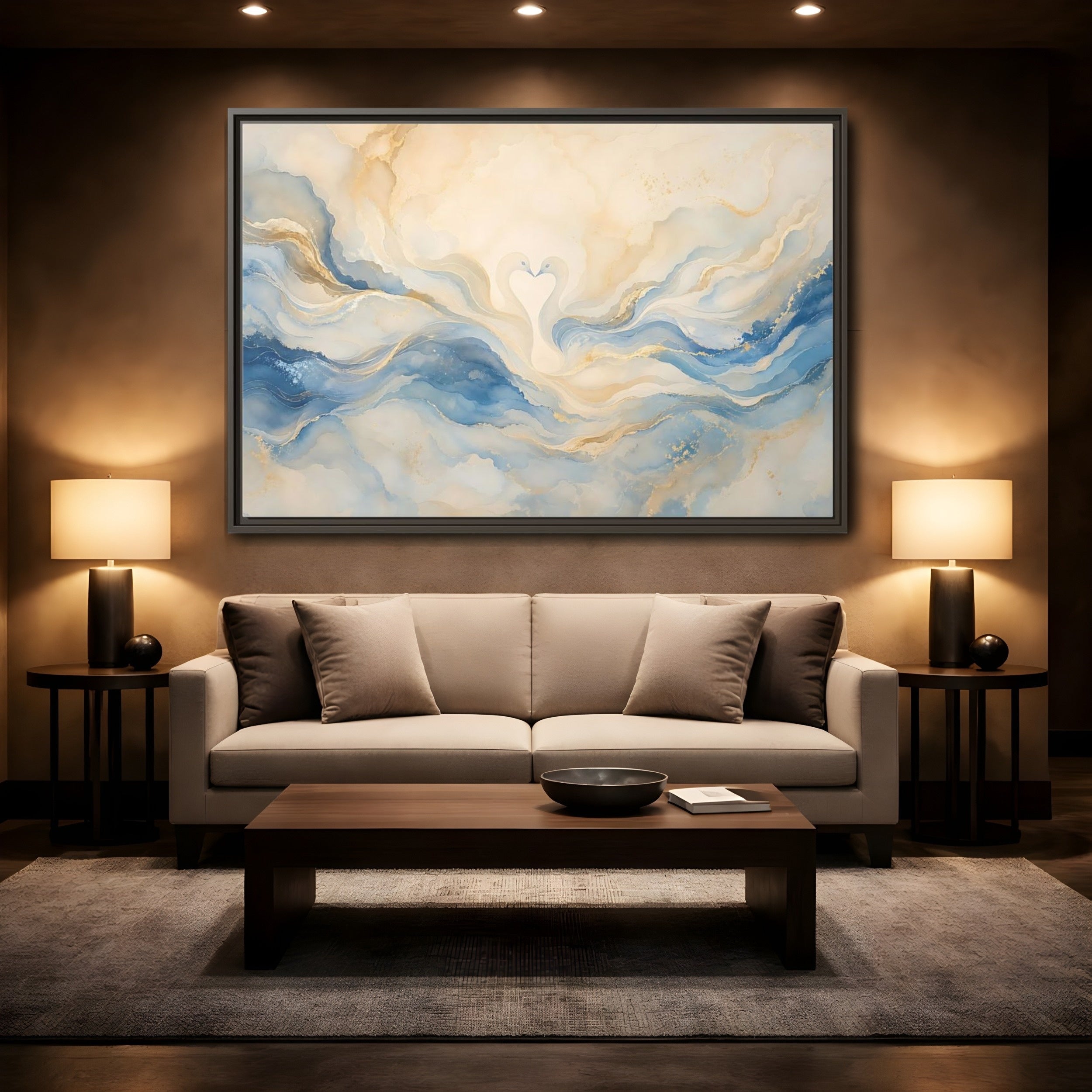 Mockup 2. Animals Swans Blue Gold Swans shown as stretched canvas wall art