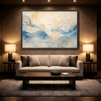 Mockup 2. Animals Swans Blue Gold Swans shown as stretched canvas wall art