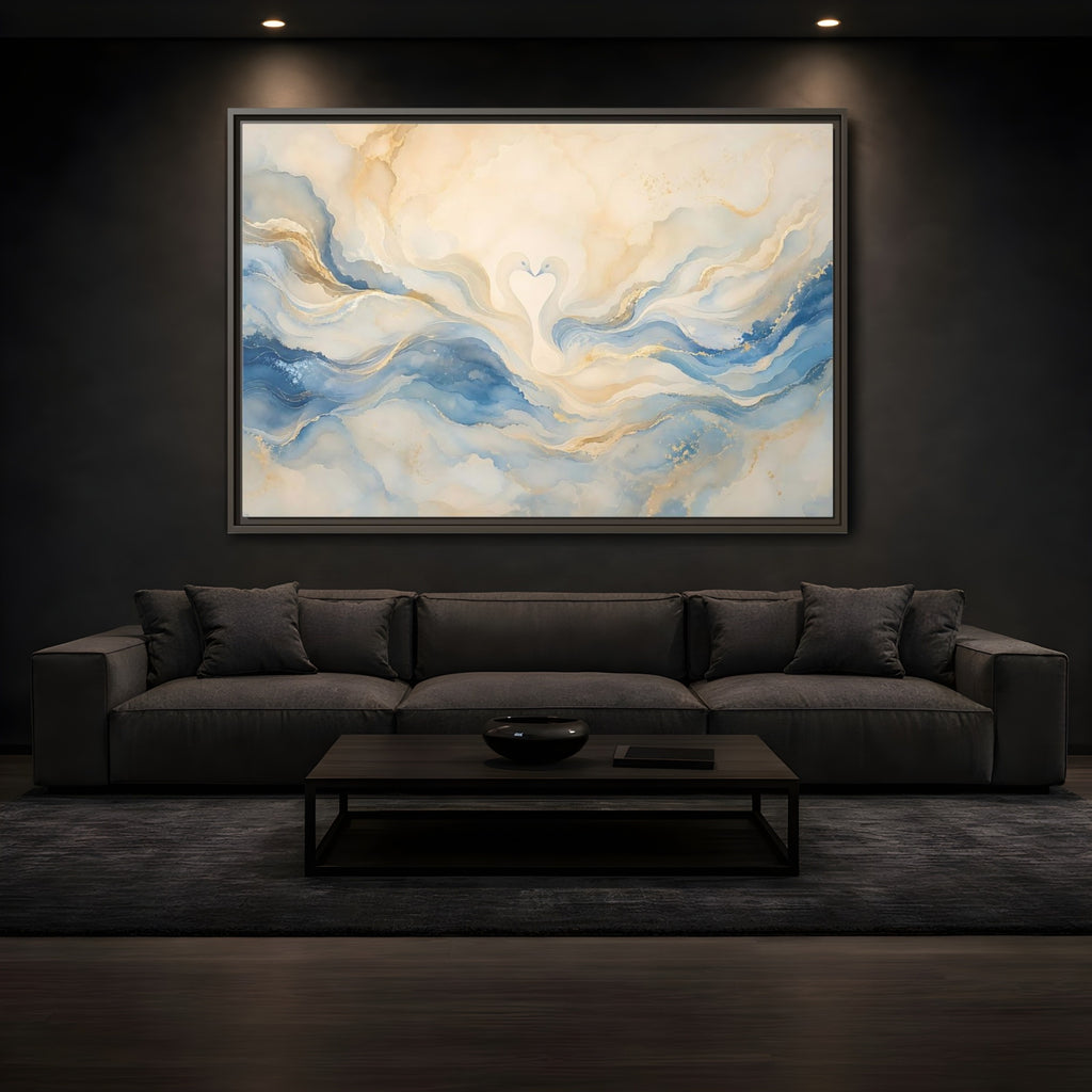 Mockup 3. Animals Swans Blue Gold Swans shown as stretched canvas wall art