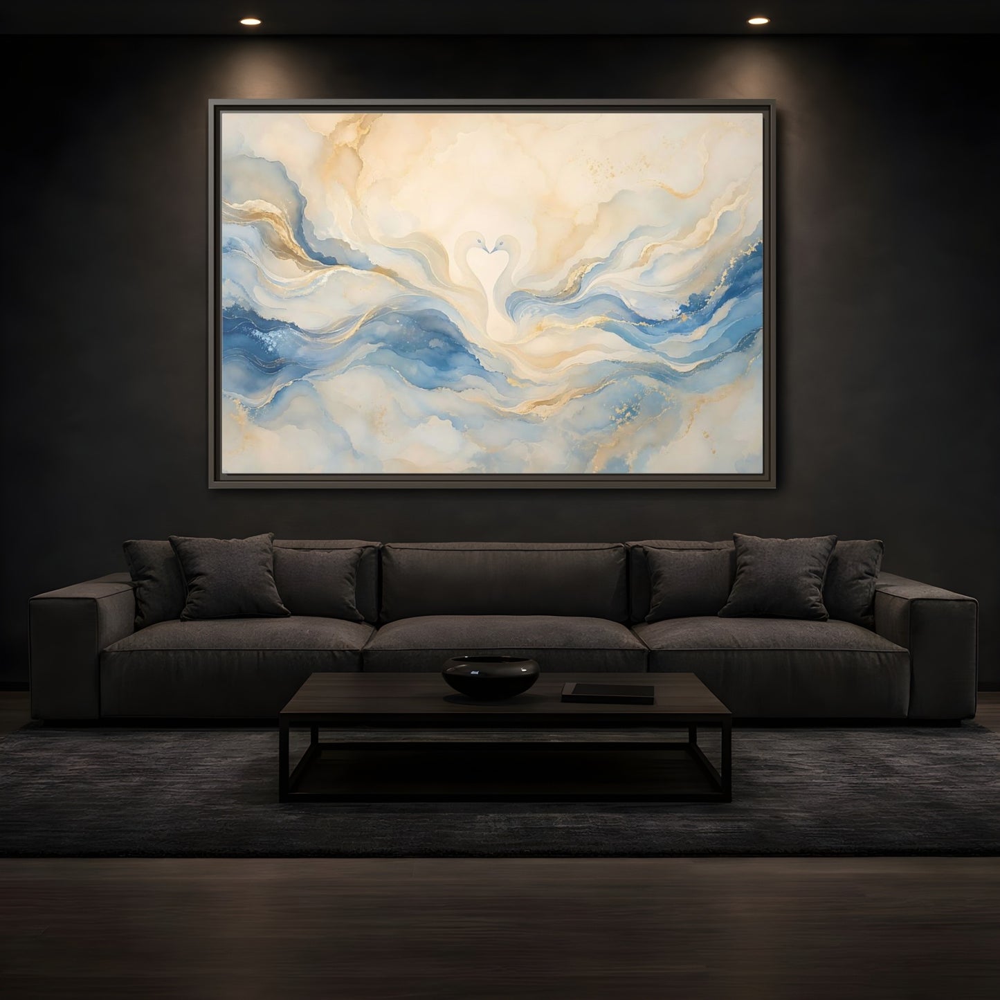 Mockup 3. Animals Swans Blue Gold Swans shown as stretched canvas wall art