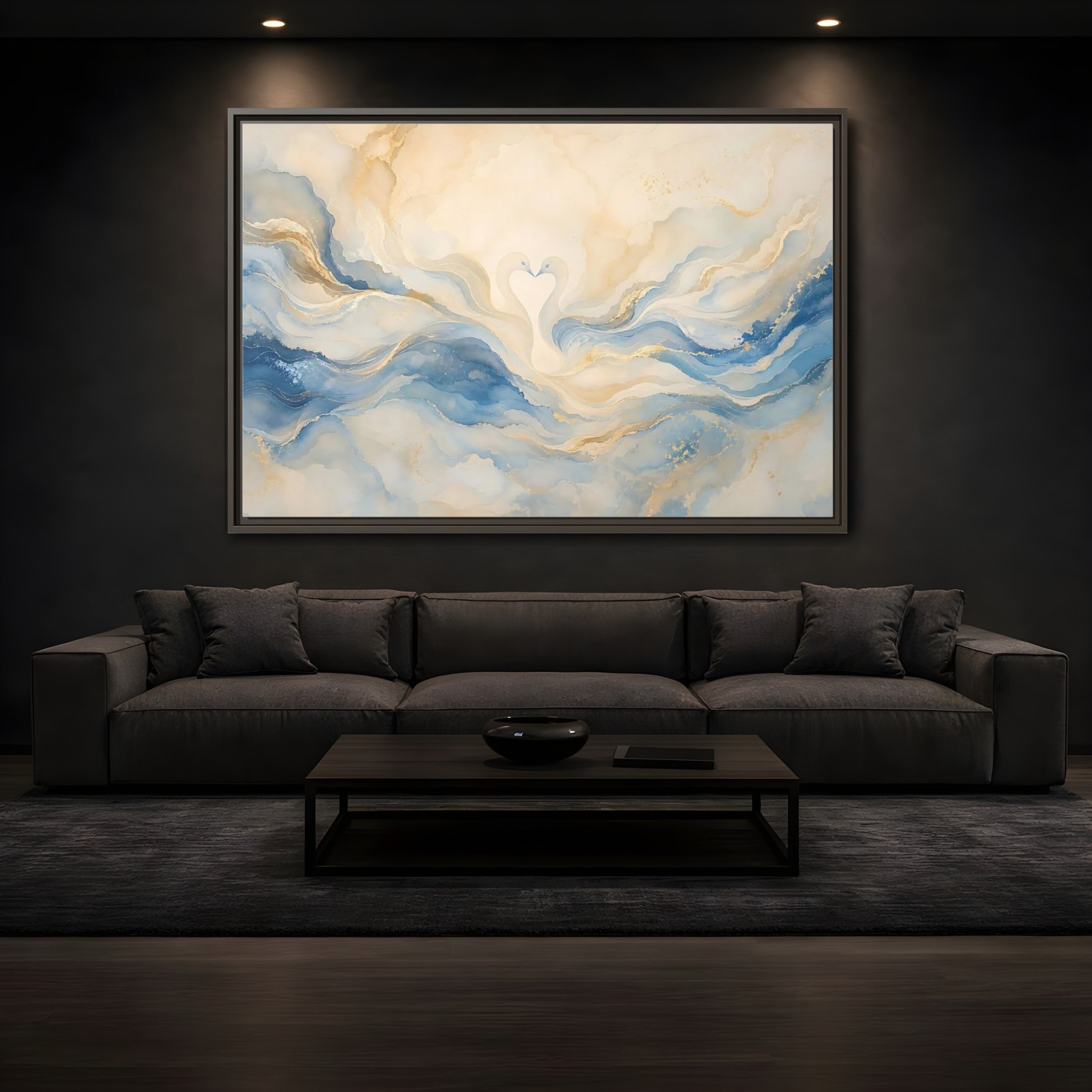 Mockup 3. Animals Swans Blue Gold Swans shown as stretched canvas wall art