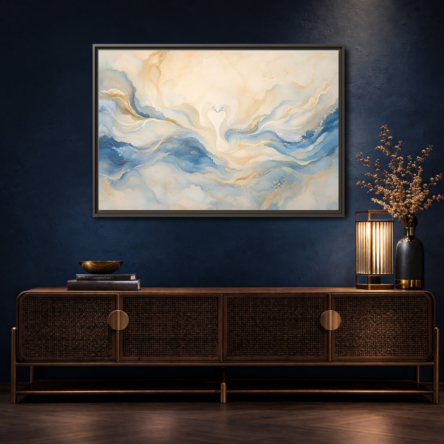 Mockup 4. Animals Swans Blue Gold Swans shown as stretched canvas wall art