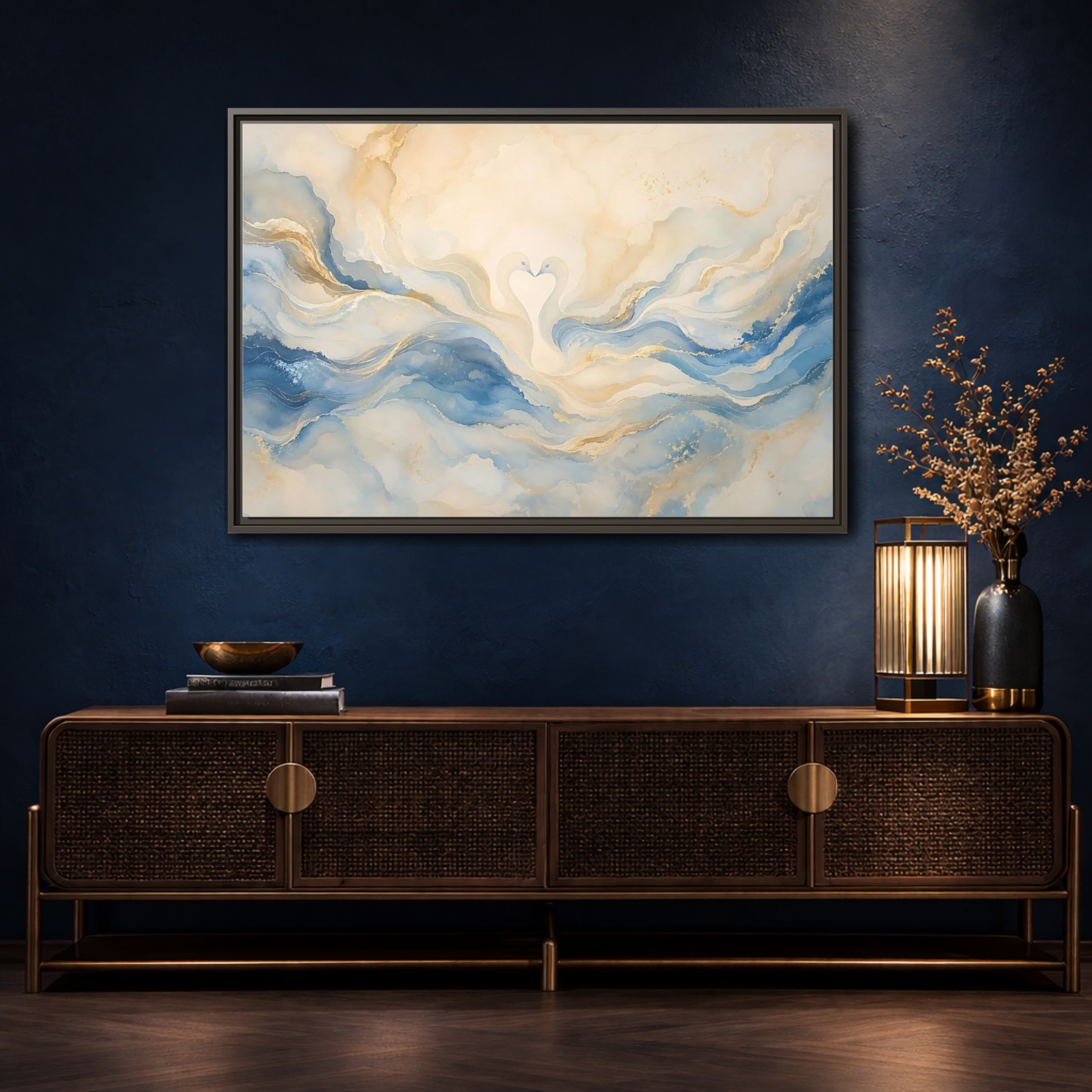 Mockup 4. Animals Swans Blue Gold Swans shown as stretched canvas wall art