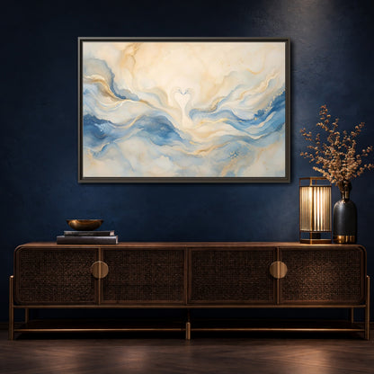 Mockup 4. Animals Swans Blue Gold Swans shown as stretched canvas wall art