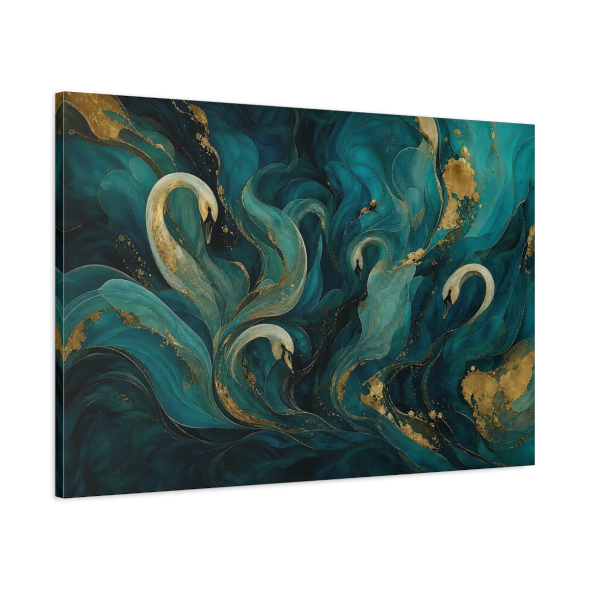 Main Mockup. Animals Swans Teal And Gold shown as stretched canvas wall art