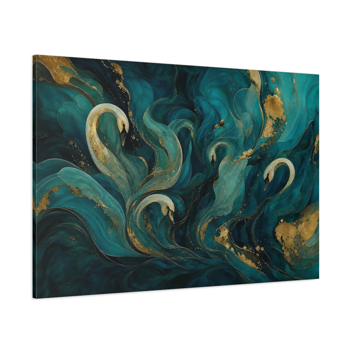 Side Mockup 1. Animals Swans Teal And Gold shown as stretched canvas wall art