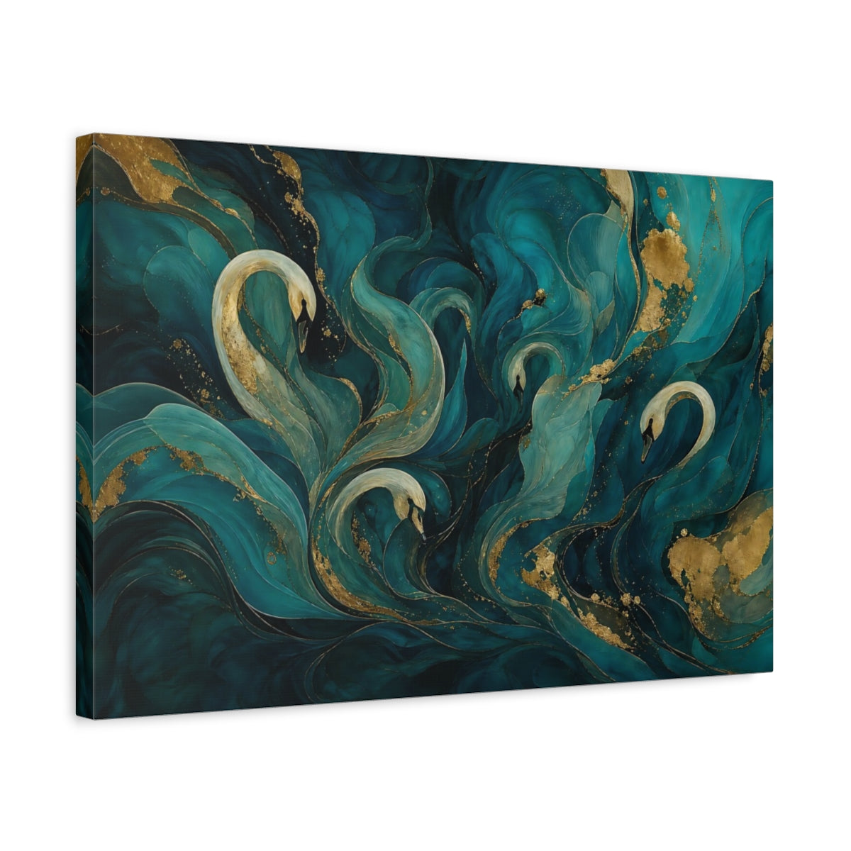 Side Mockup 3. Animals Swans Teal And Gold shown as stretched canvas wall art