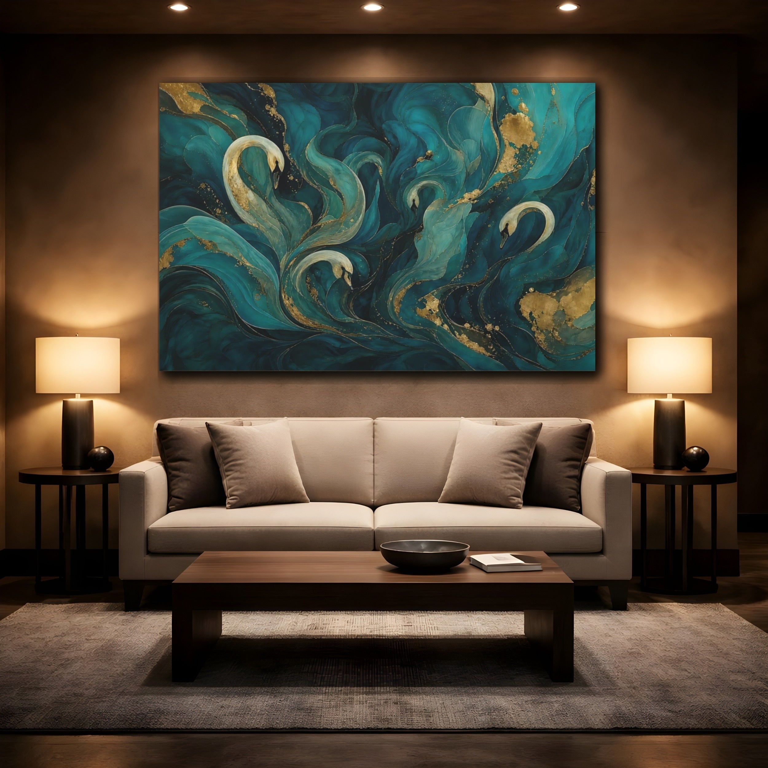 Mockup 2. Animals Swans Teal And Gold shown as stretched canvas wall art