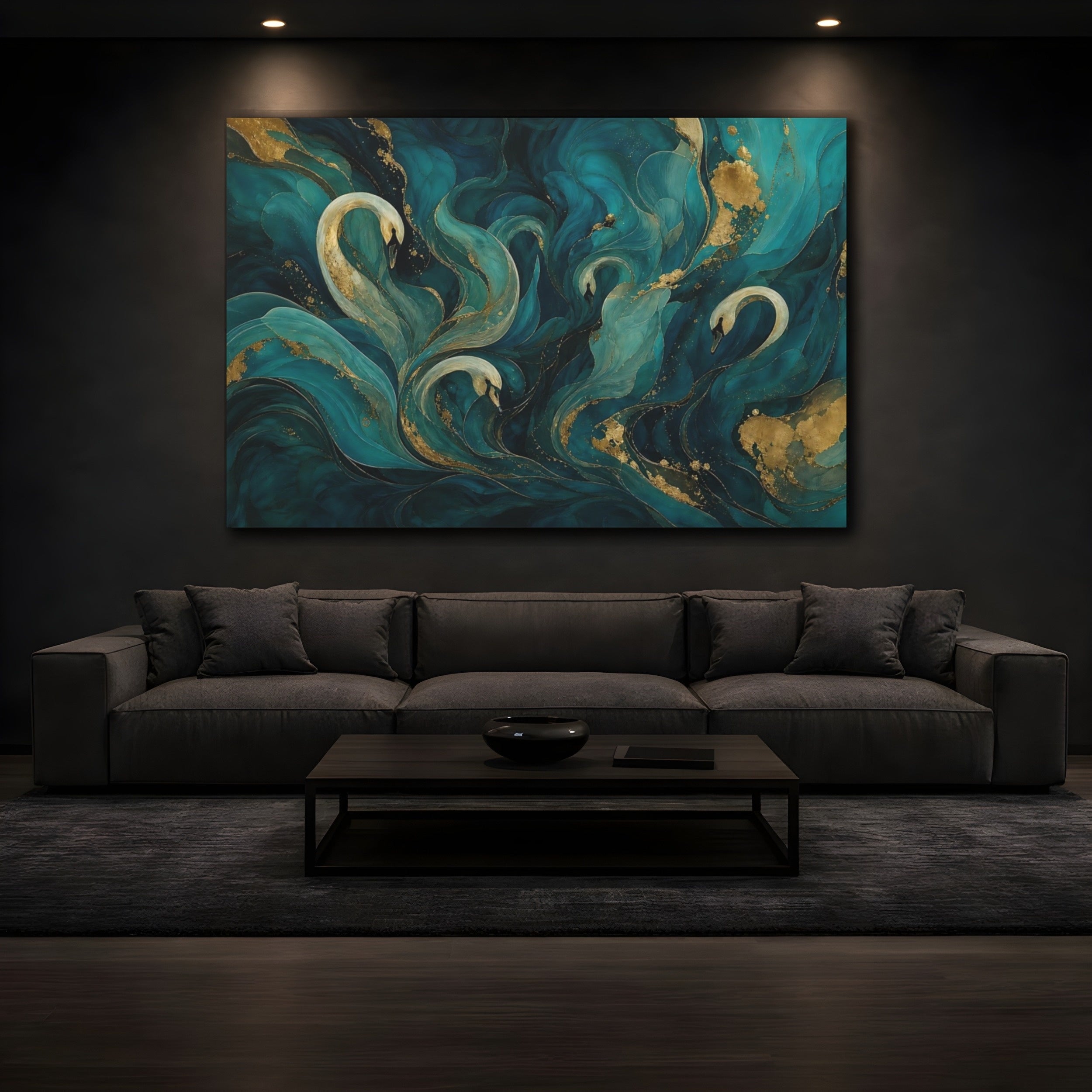 Mockup 3. Animals Swans Teal And Gold shown as stretched canvas wall art