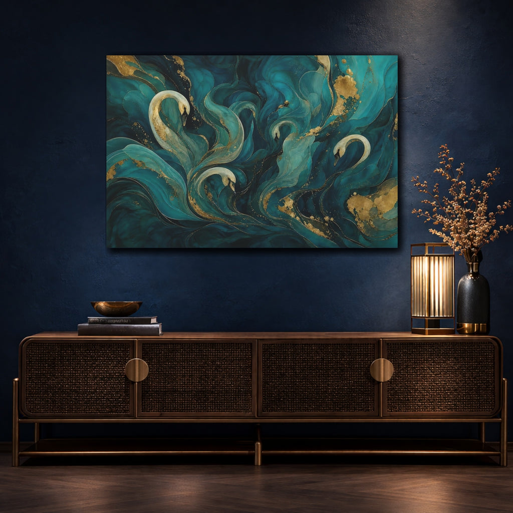 Mockup 4. Animals Swans Teal And Gold shown as stretched canvas wall art
