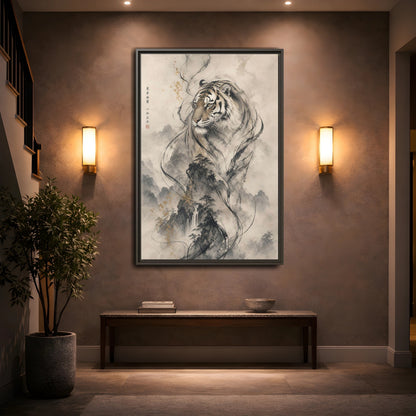 Mockup 2. Animals Tiger Black And Gold shown as stretched canvas wall art