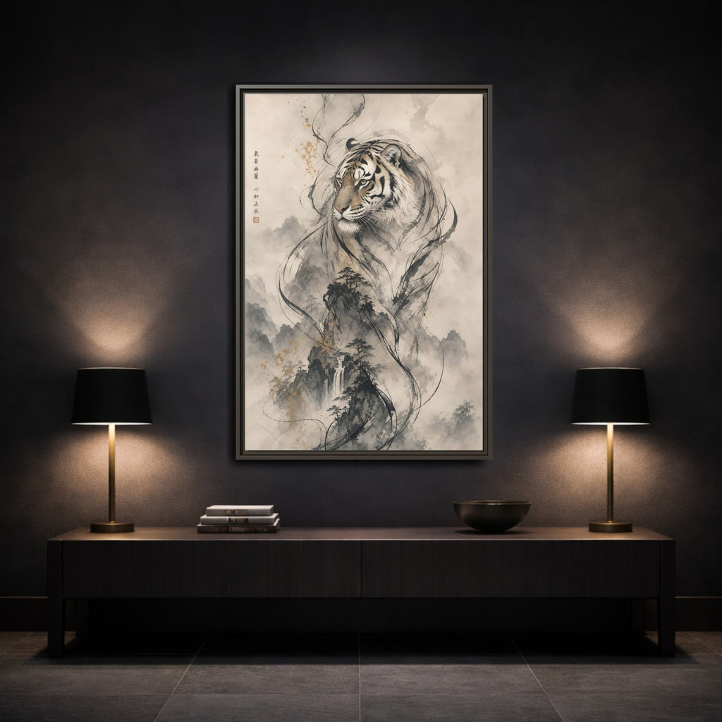 Mockup 3. Animals Tiger Black And Gold shown as stretched canvas wall art