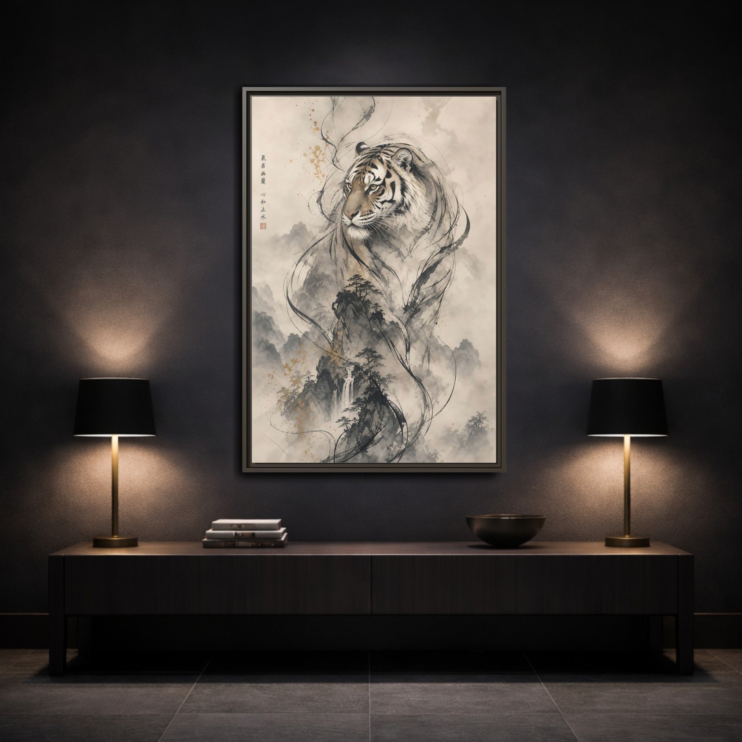 Mockup 3. Animals Tiger Black And Gold shown as stretched canvas wall art