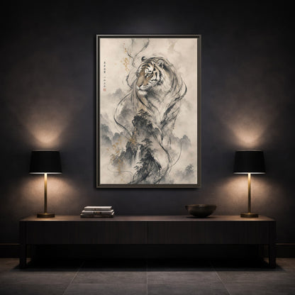 Mockup 3. Animals Tiger Black And Gold shown as stretched canvas wall art