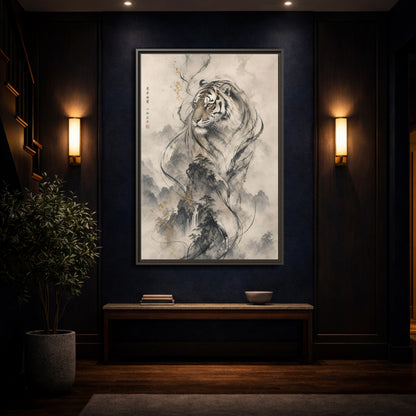 Mockup 4. Animals Tiger Black And Gold shown as stretched canvas wall art