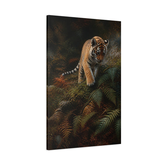 Main Mockup. Animals Tiger Cub Orange And Green shown as stretched canvas wall art