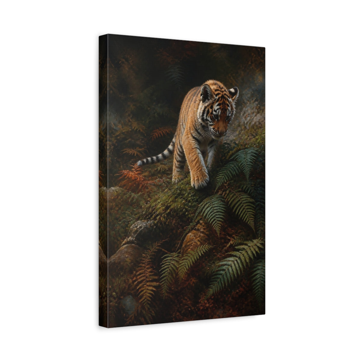 Side Mockup 4. Animals Tiger Cub Orange And Green shown as stretched canvas wall art