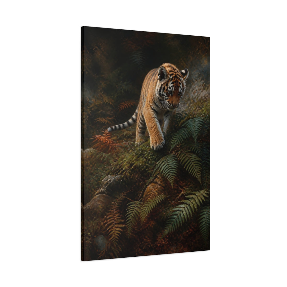 Side Mockup 1. Animals Tiger Cub Orange And Green shown as stretched canvas wall art