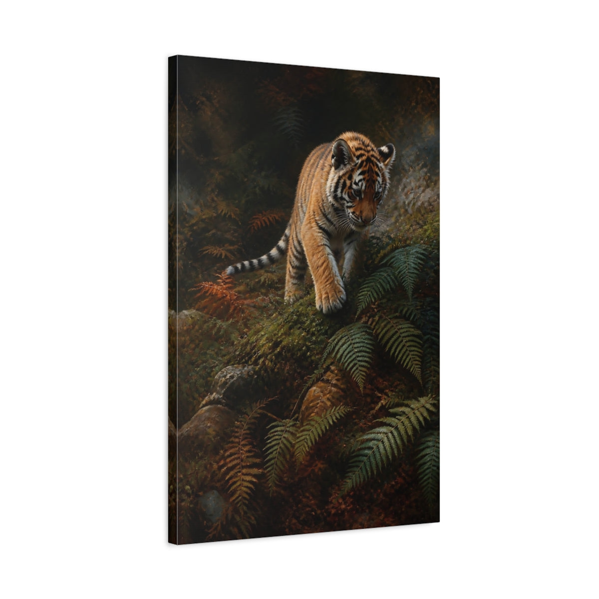 Side Mockup 2. Animals Tiger Cub Orange And Green shown as stretched canvas wall art
