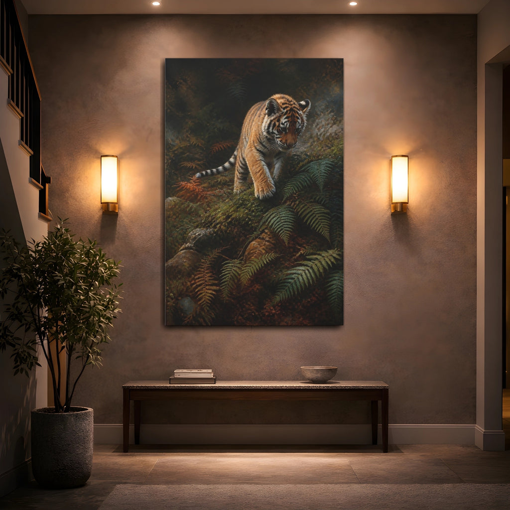 Mockup 2. Animals Tiger Cub Orange And Green shown as stretched canvas wall art