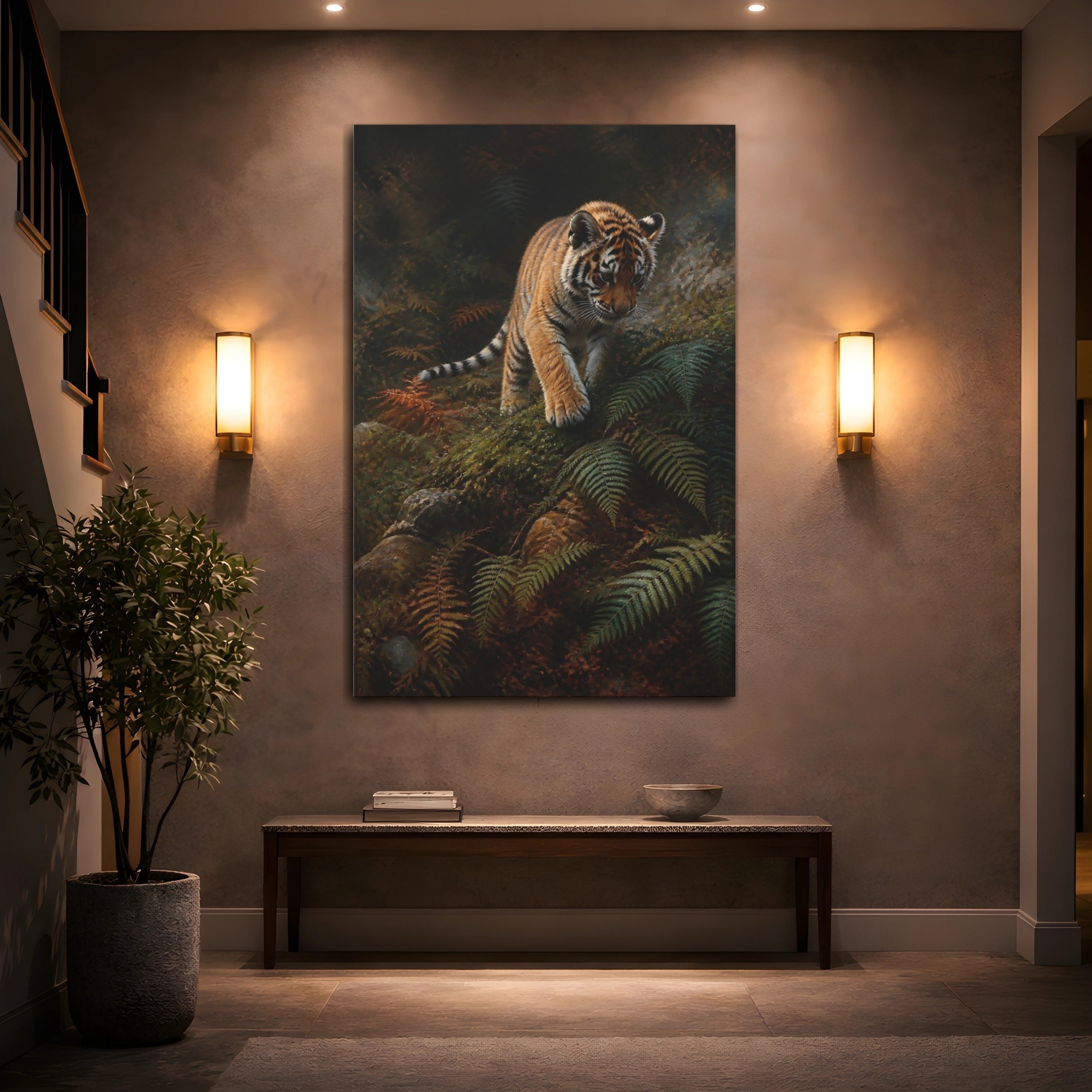 Mockup 2. Animals Tiger Cub Orange And Green shown as stretched canvas wall art